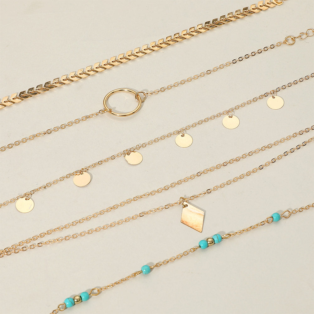 5PC Boho Gold Beaded Charm Anklet Set