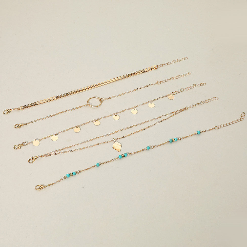 5PC Boho Gold Beaded Charm Anklet Set