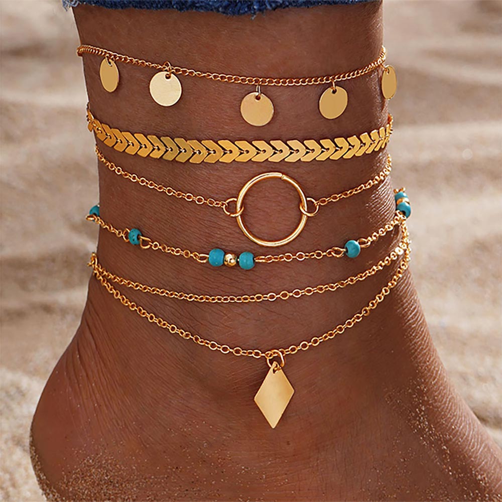 5PC Boho Gold Beaded Charm Anklet Set