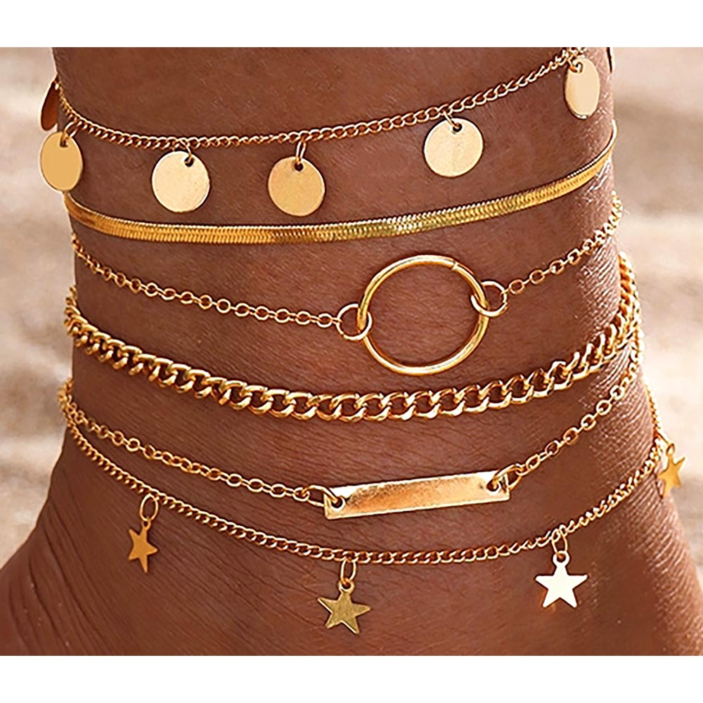 5PC Boho Gold Dipped Charm Anklet Set
