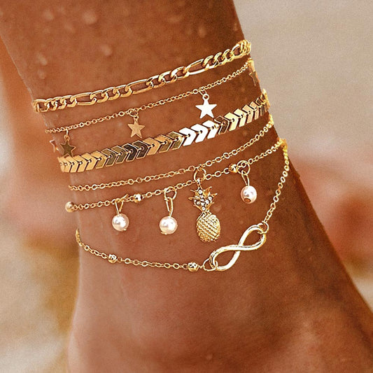5PC Boho Pineapples & Pearls Anklet Set