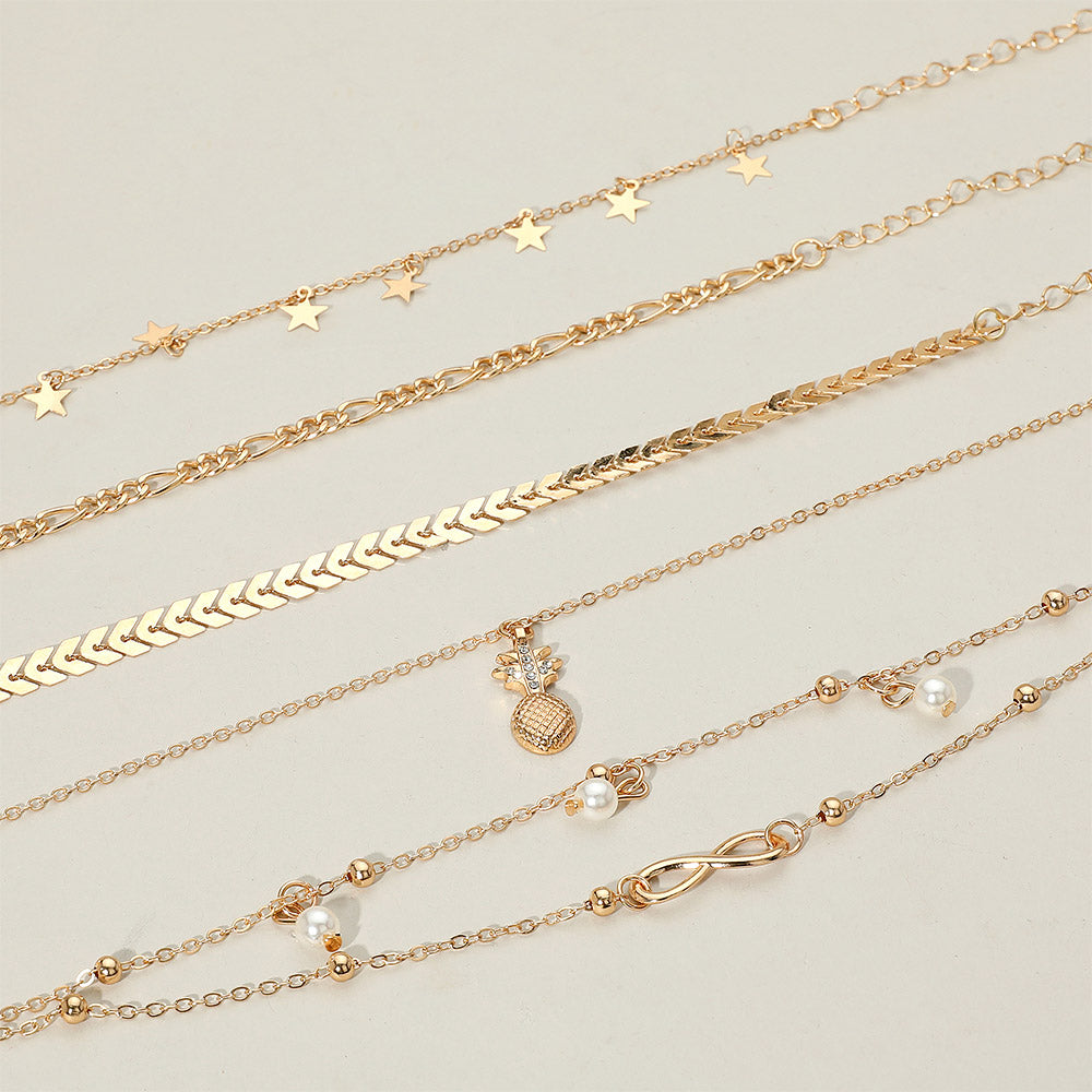 5PC Boho Pineapples & Pearls Anklet Set