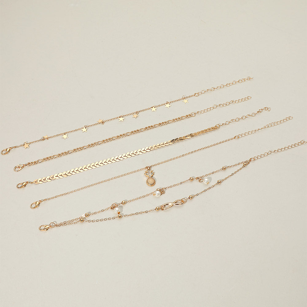 5PC Boho Pineapples & Pearls Anklet Set