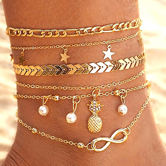 5PC Boho Pineapples & Pearls Anklet Set