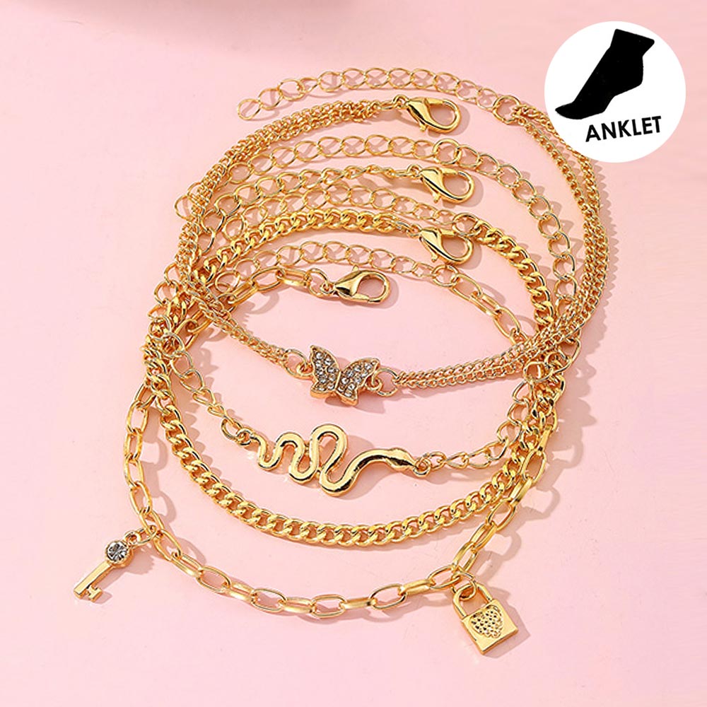 4PC Layered Gold Snake Butterfly Anklet Set