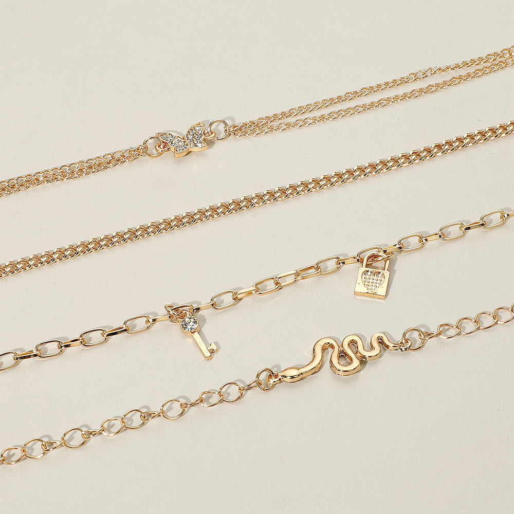 4PC Layered Gold Snake Butterfly Anklet Set