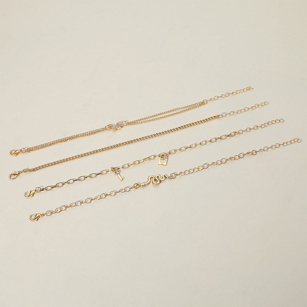 4PC Layered Gold Snake Butterfly Anklet Set