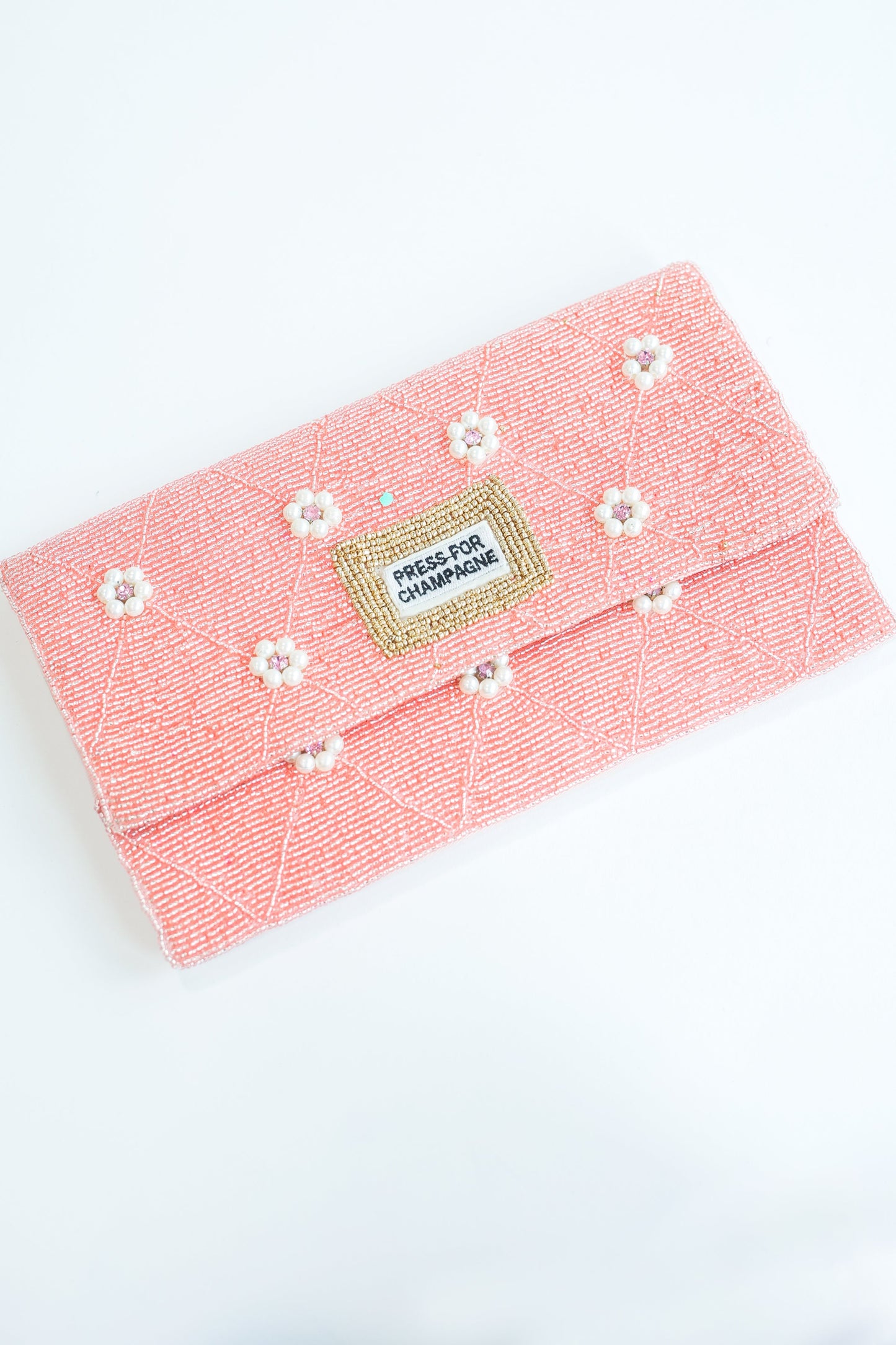 PRESS FOR CHAMPAGNE Pink Pearl Beaded Crossbody Clutch Handbag