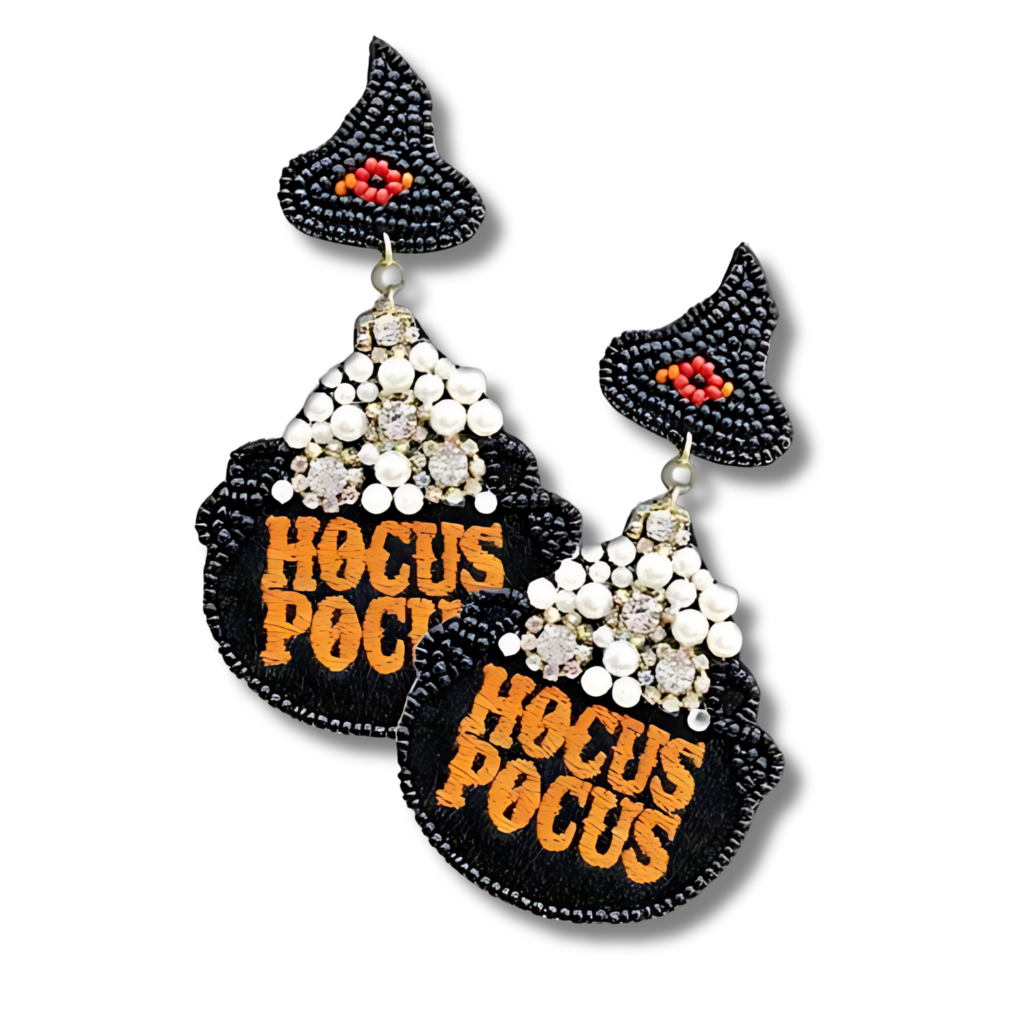 Hocus Pocus Witch Theme Cauldron Pearl Beaded Earrings