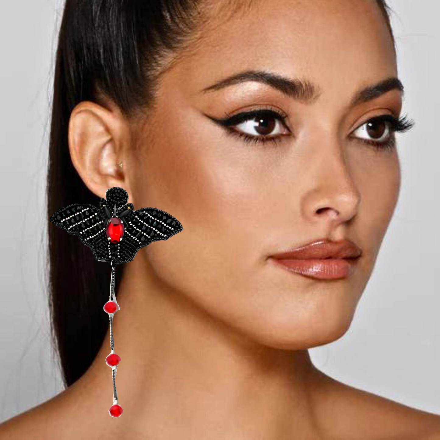 Austrian Ruby Crystal Black Seed Beaded Winged Bat Earrings