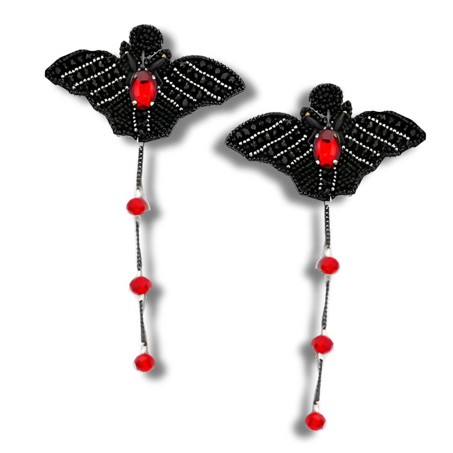 Austrian Ruby Crystal Black Seed Beaded Winged Bat Earrings