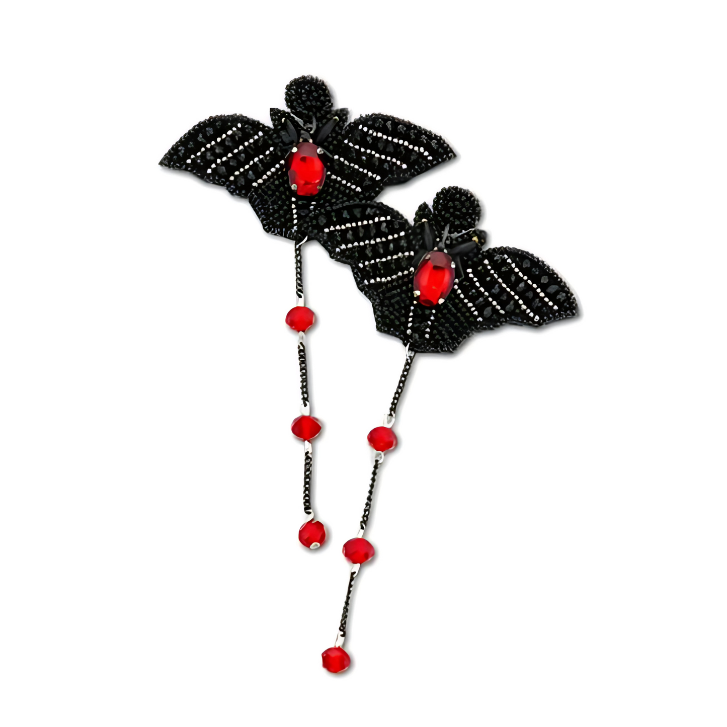 Austrian Ruby Crystal Black Seed Beaded Winged Bat Earrings