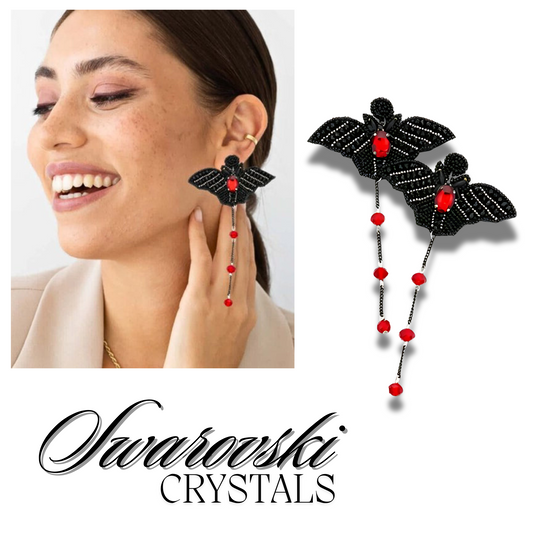 Austrian Ruby Crystal Black Seed Beaded Winged Bat Earrings