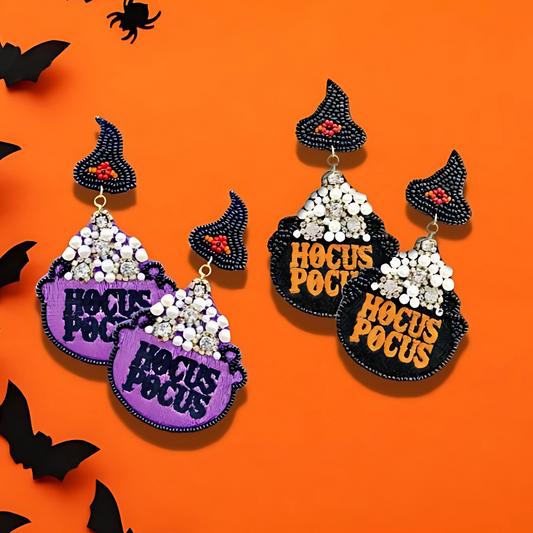 Hocus Pocus Witch Theme Cauldron Pearl Beaded Earrings