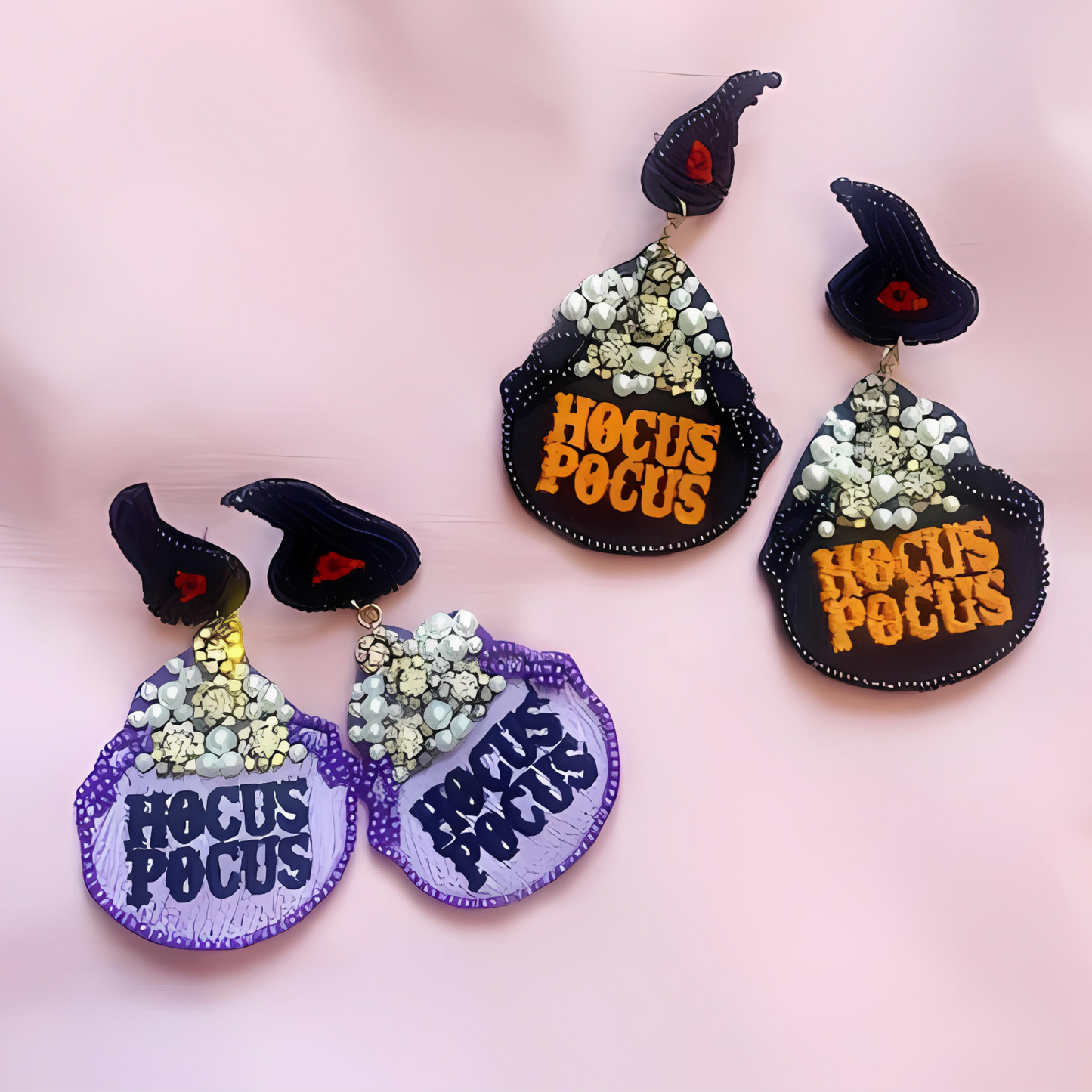 Hocus Pocus Witch Theme Cauldron Pearl Beaded Earrings