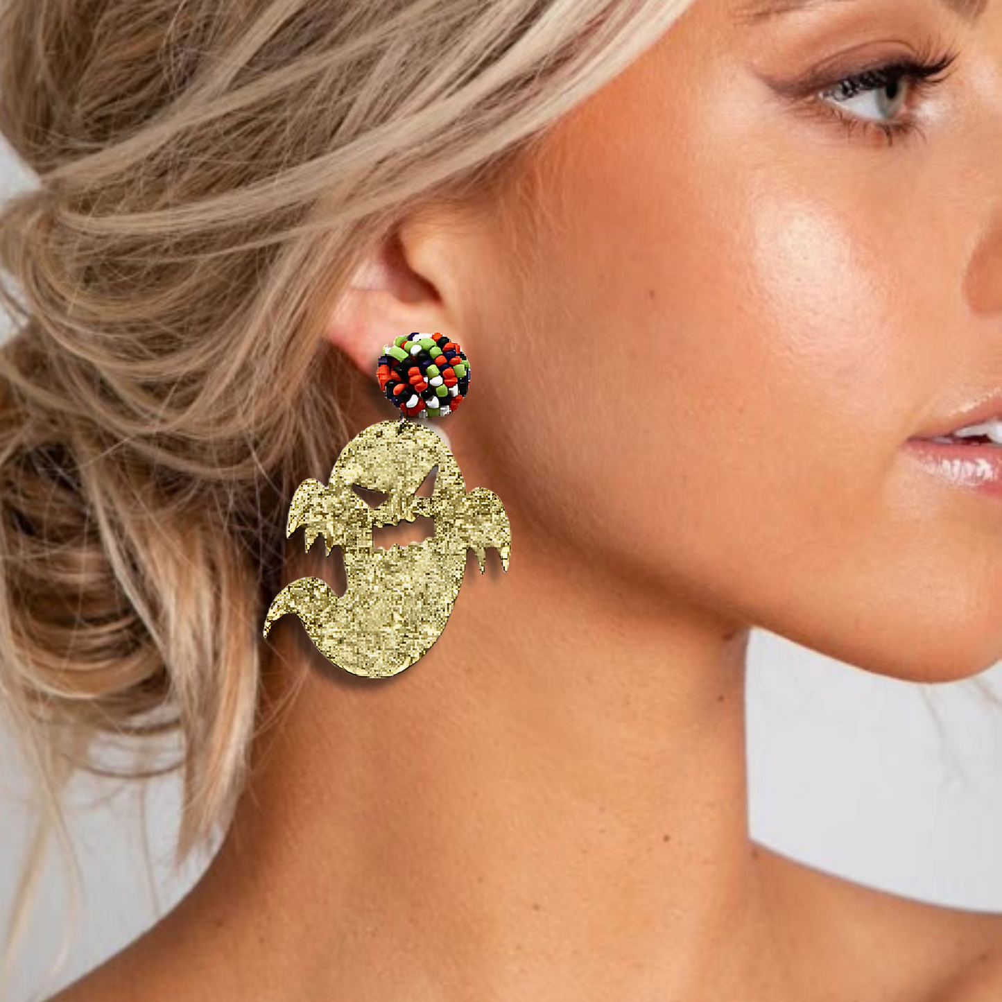 Leather Glitter Ghost Beaded Halloween Holiday Earrings