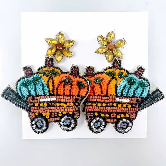 Fall Pumpkin Haul Wagon Crystal Seed Beaded Earrings