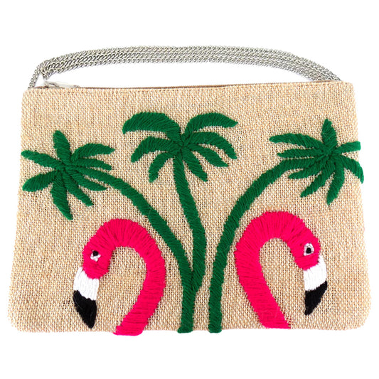 Palm Tree Flamingos Embroidered Crossbody Clutch Handbag