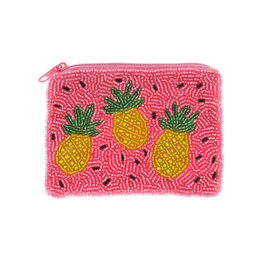Tropical Pineapple Pink Beaded Mini Coin Pouch Bag