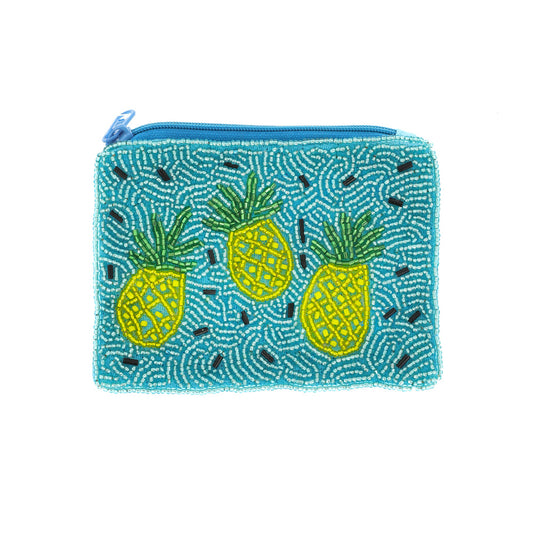 Tropical Pineapple Turquoise Beaded Mini Coin Pouch Bag