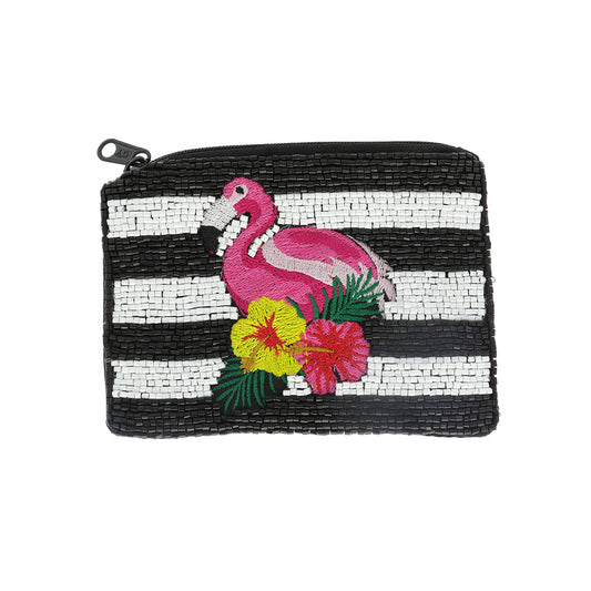 Tropical Flamingo Striped Beaded Coin Pouch Bag
