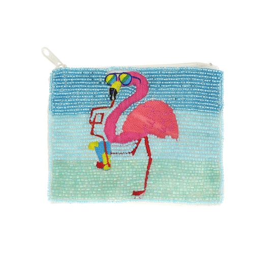 Tropical Cocktail Flamingo Beaded Coin Pouch Bag