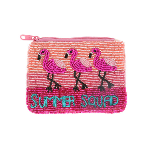 Summer Squad Pink Flamingo Beaded Coin Pouch Bag