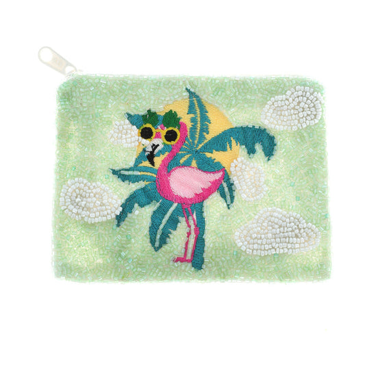 Tropical Flamingo Beach Beaded Coin Pouch Bag