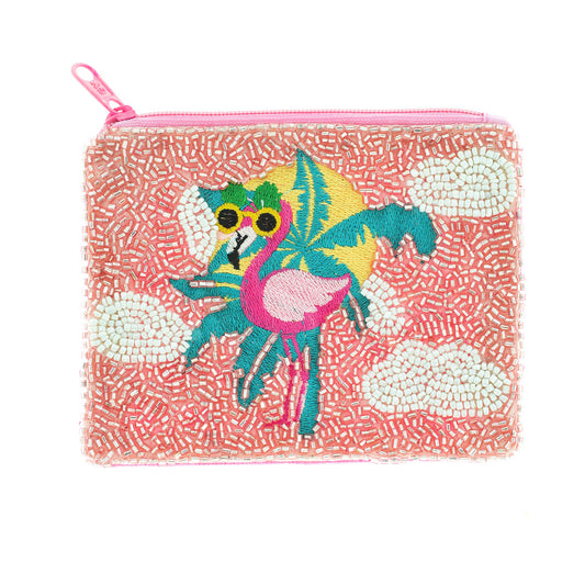 Tropical Flamingo Beach Pink Beaded Coin Pouch Bag