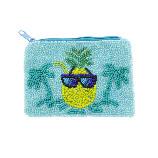 Tropical Sunny Pineapple Aqua Beaded Coin Pouch Bag