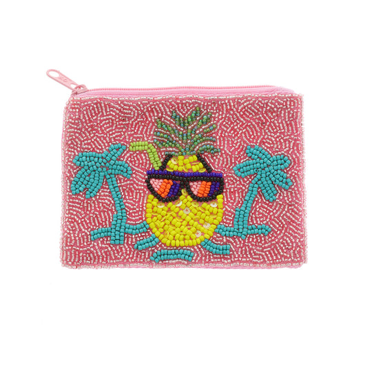 Tropical Sunny Pineapple Pink Beaded Coin Pouch Bag