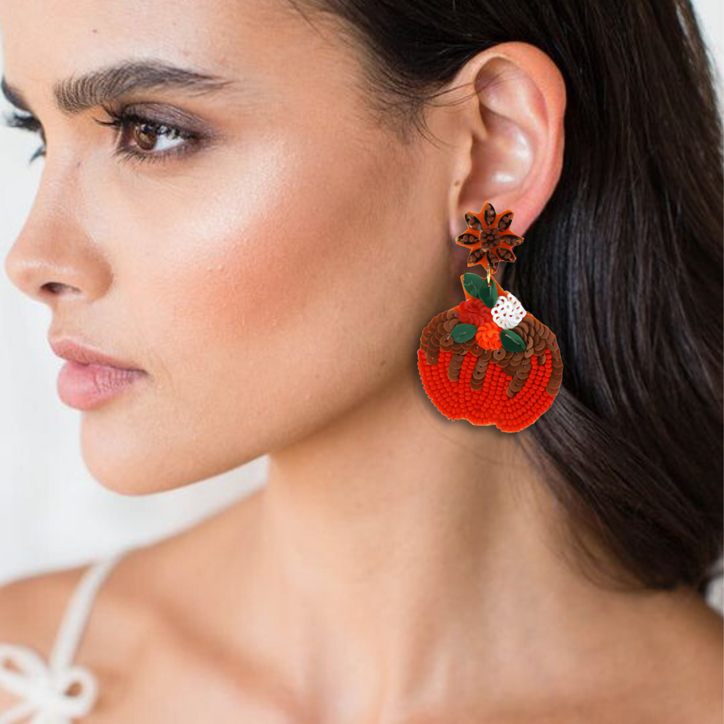 Sunflower Bouquet Floral Pumpkin Beaded Earrings