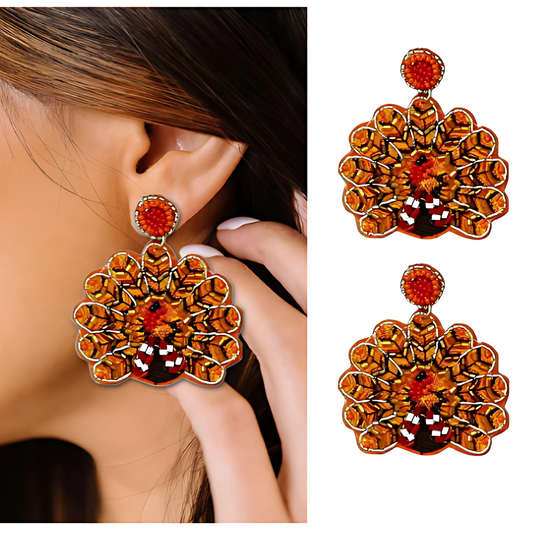 Thanksgiving Turkey Glass Beaded Holiday Sparkle Earrings