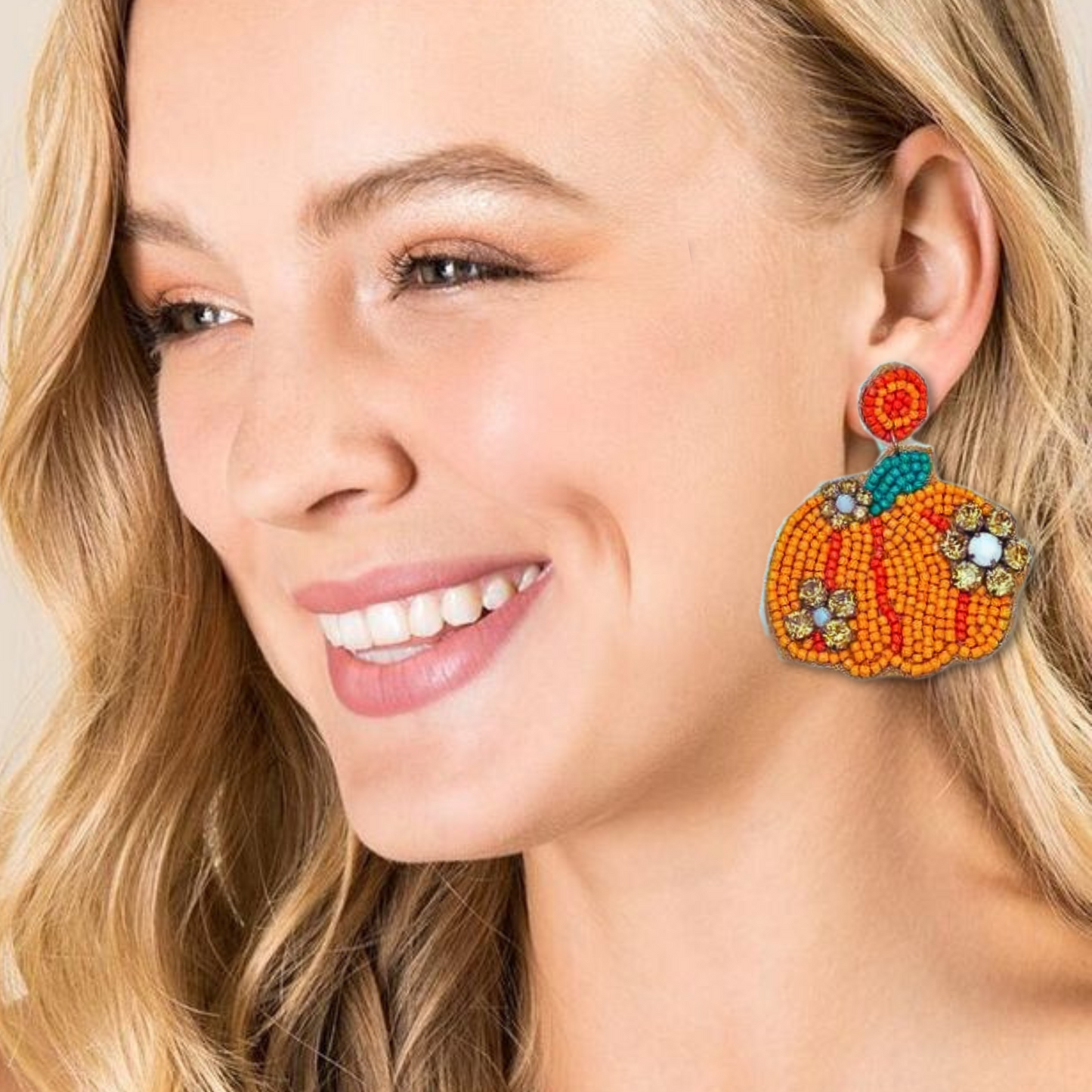Crystal Seed Beaded Pumpkin Autumn Theme Earrings