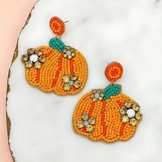 Crystal Seed Beaded Pumpkin Autumn Theme Earrings