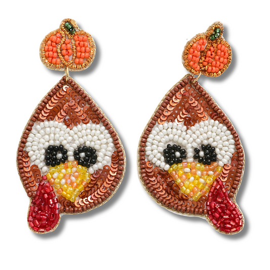 Fall Theme Turkey Pumpkin Seed Beaded Earrings