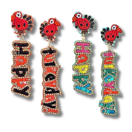 Happy Turkey Day Thanksgiving Sparkle Beaded Earrings