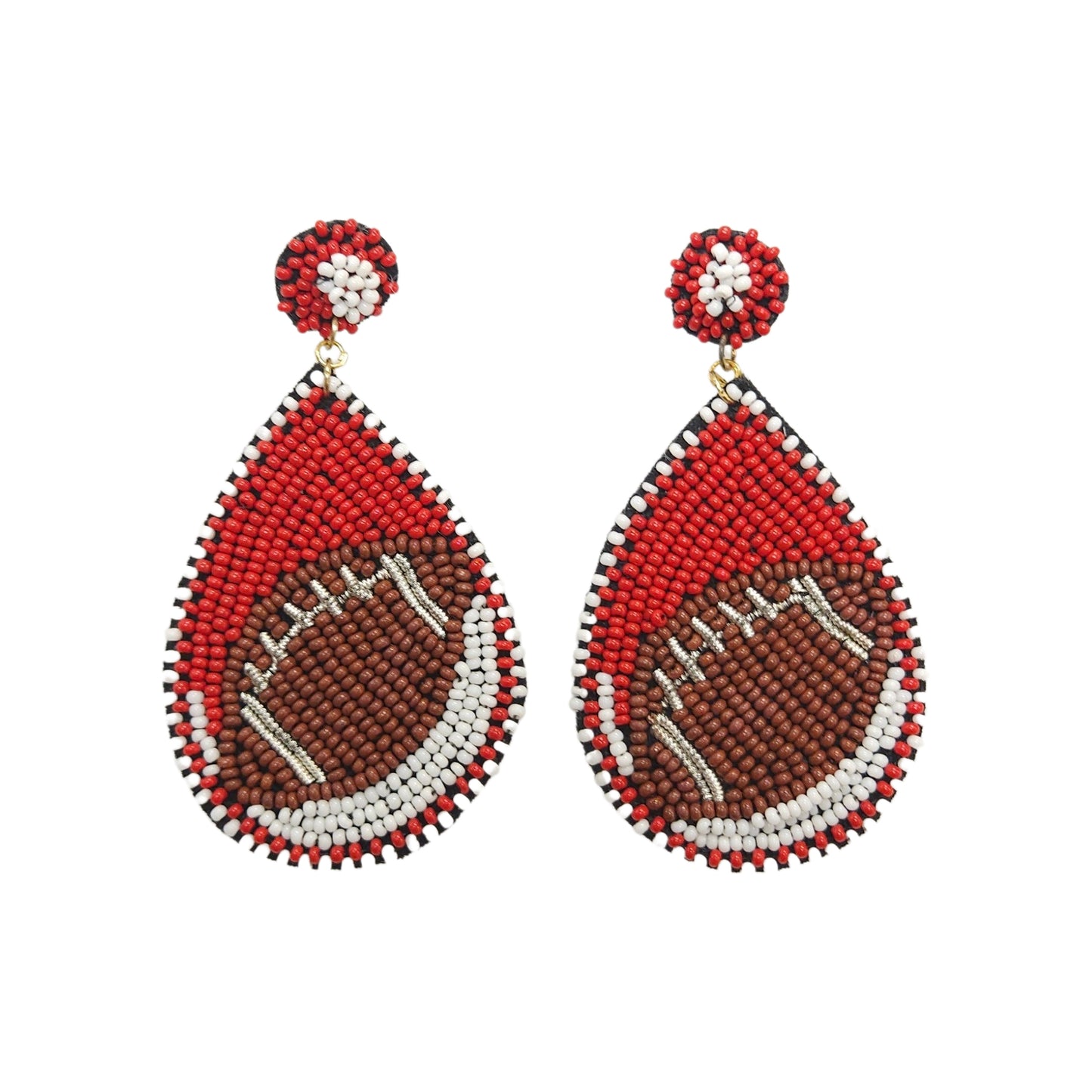 Football Sports Team Red White Beaded Teardrop Earrings