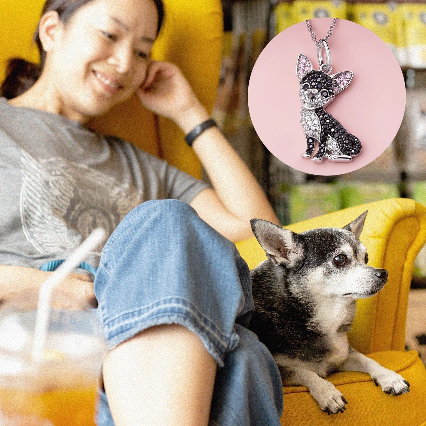 Chihuahua Dog Breed Rhodium Sterling Silver CZ Necklace