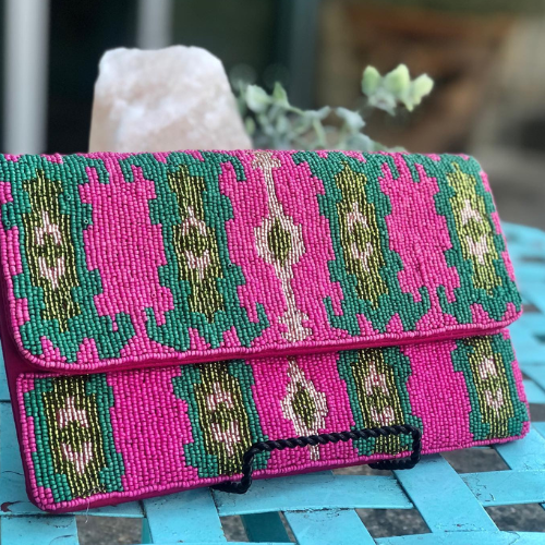 Fuchsia Green Ikat Boho Festival Clutch