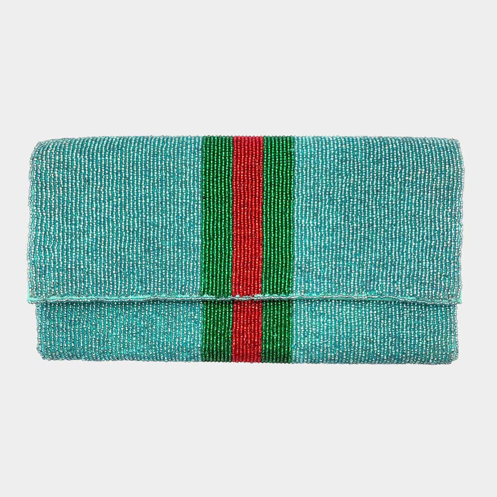 Fully Beaded Rainbow Striped Crossbody Clutch Handbag