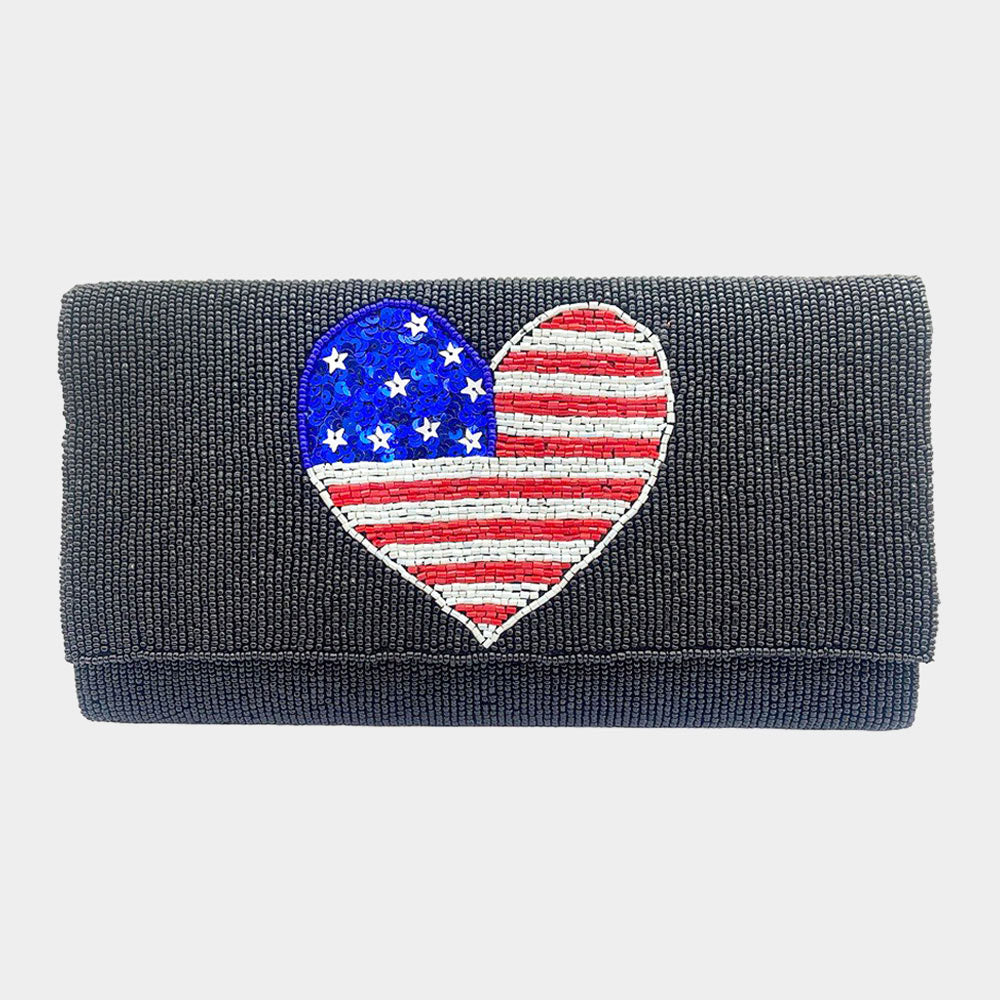 I Heart USA Patriotic Beaded Crossbody Clutch Handbag