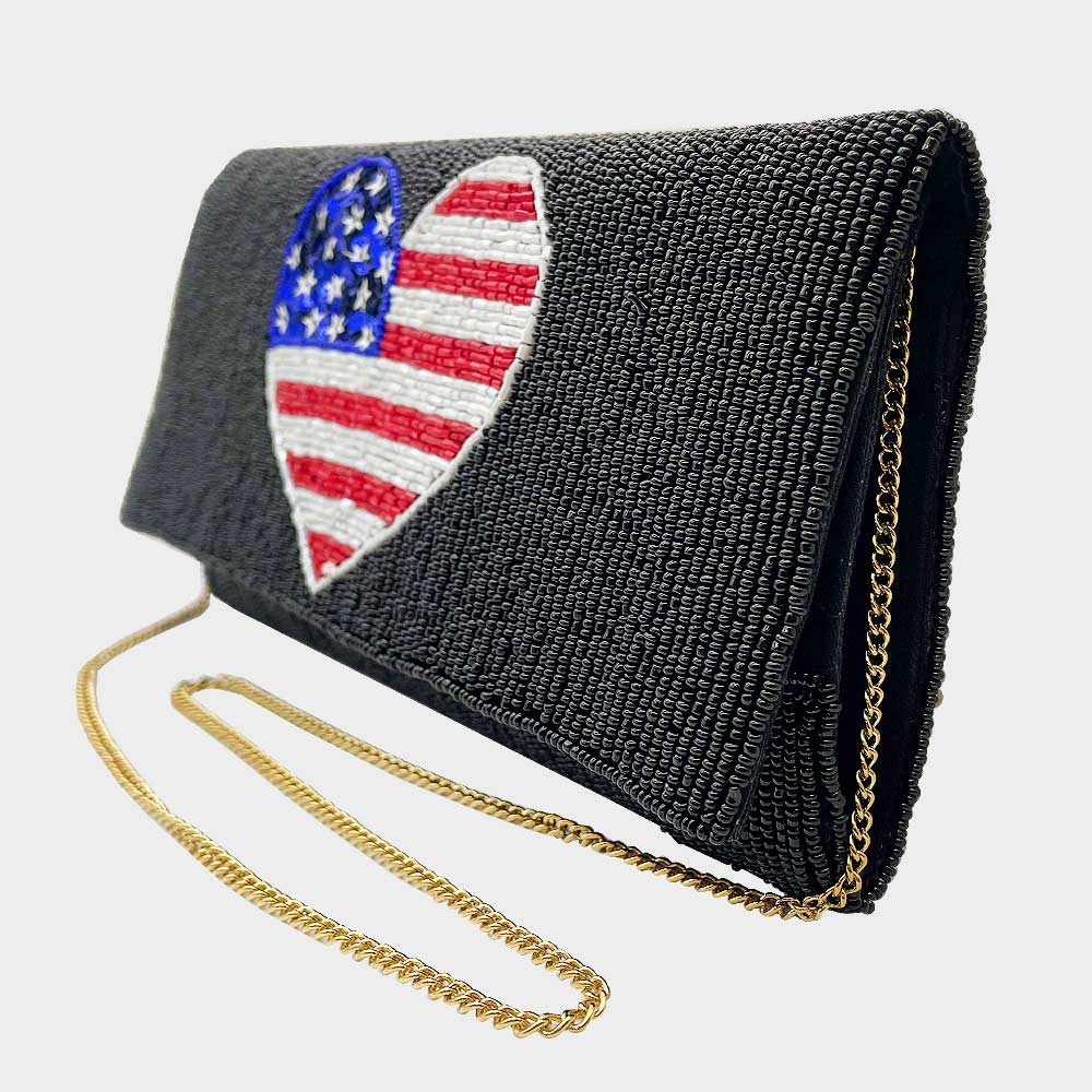 I Heart USA Patriotic Beaded Crossbody Clutch Handbag