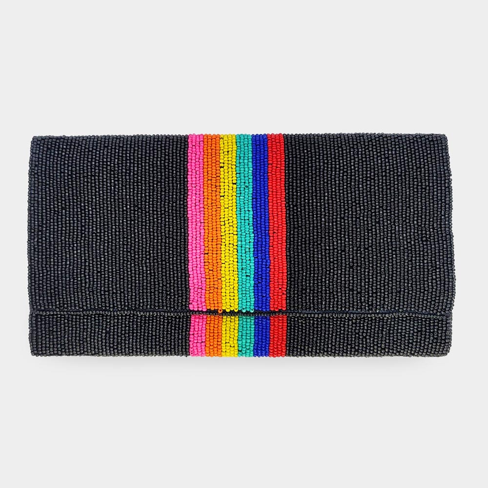 Fully Beaded Rainbow Striped Crossbody Clutch Handbag
