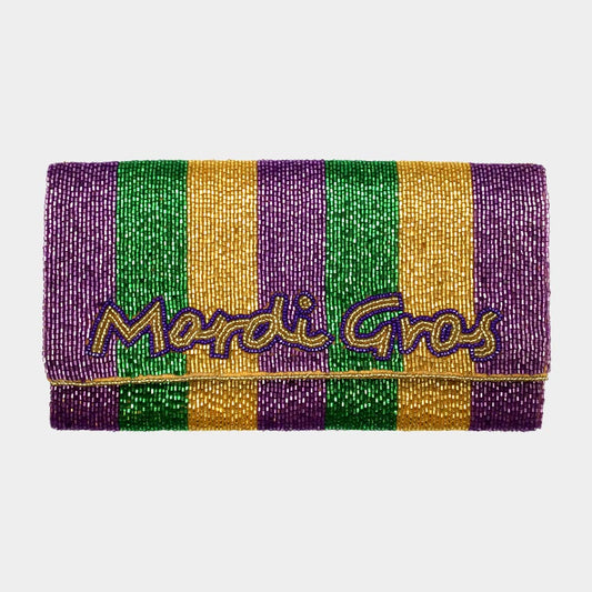 Mardi Gras Beaded Message Clutch Crossbody Bag