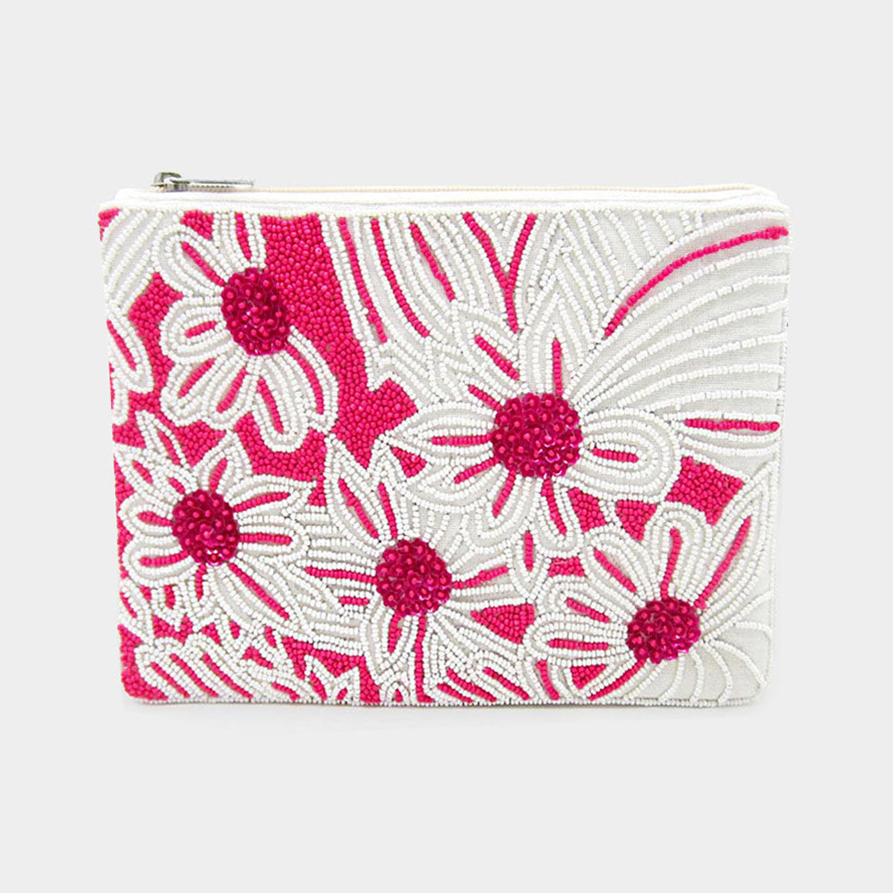 Pink Floral Beaded Crossbody Handbag