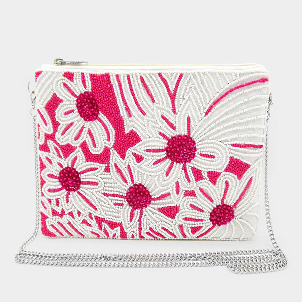 Pink Floral Beaded Crossbody Handbag
