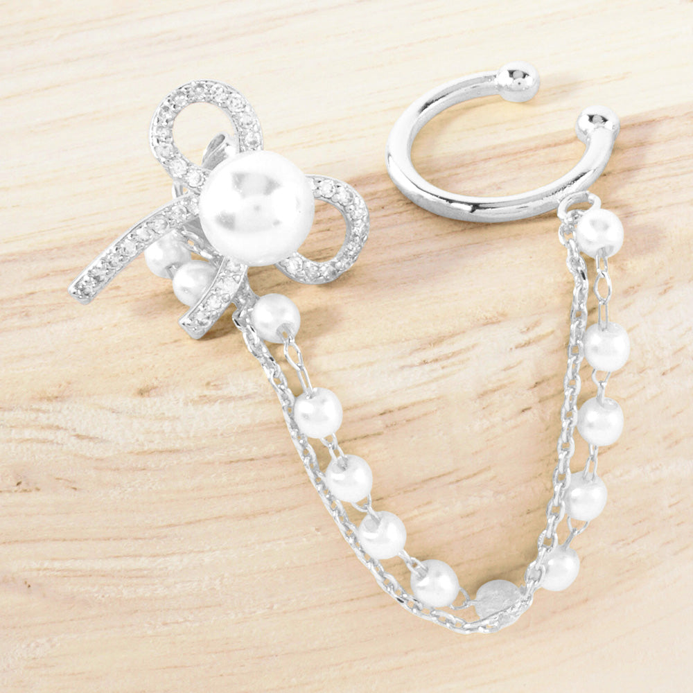 Wrapped in a Bow White Gold Pearl Ear Cuff