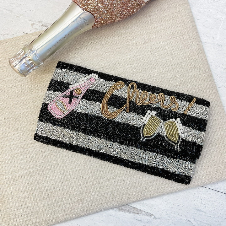 CHEERS Gold Black Champagne Bottle Beaded Clutch Crossbody Handbag