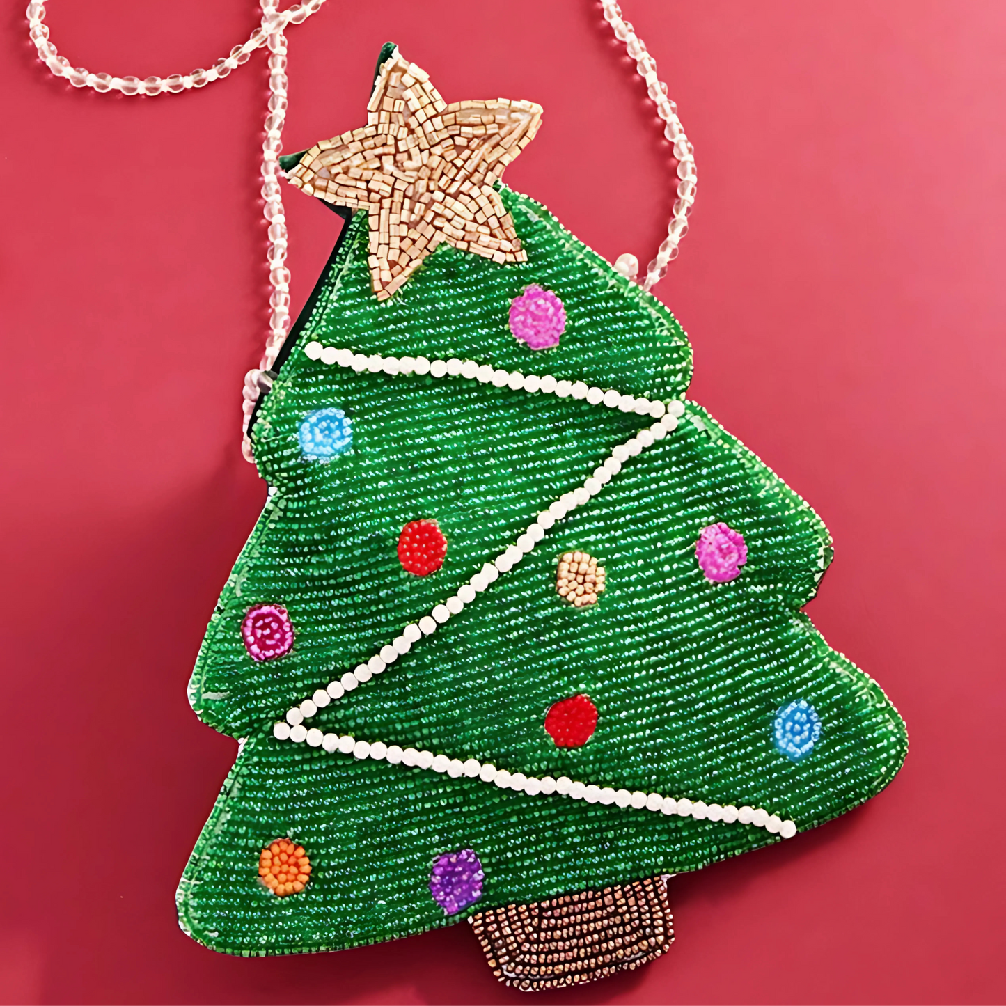 Christmas Tree Pearl Beaded Crossbody Purse Bag